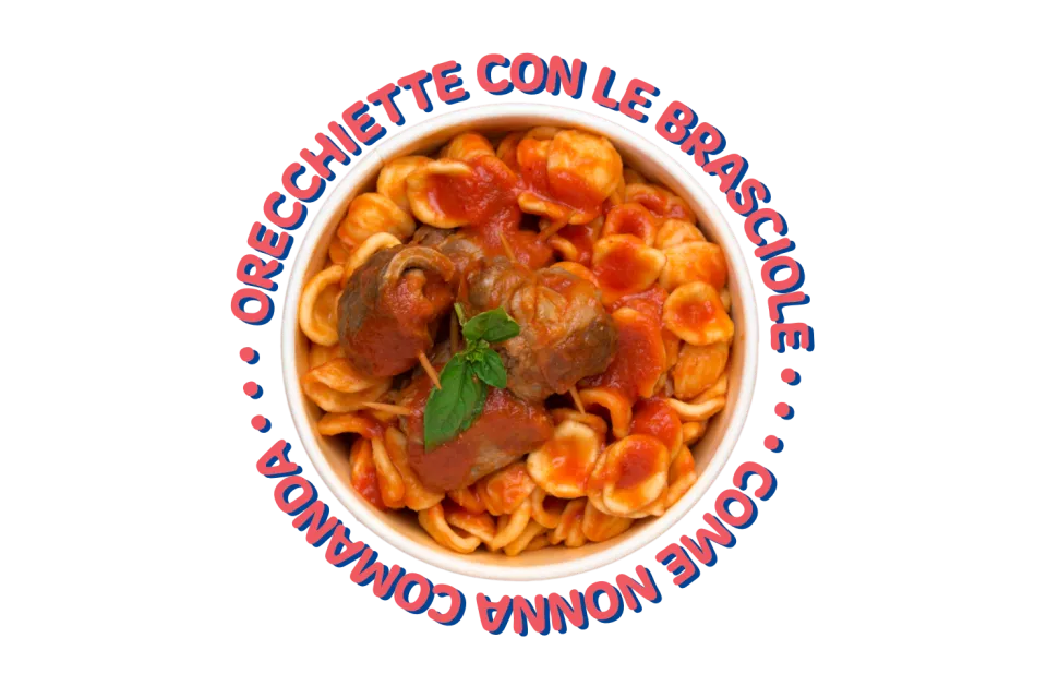Orecchiette con le braciole al sugo in una ciotola