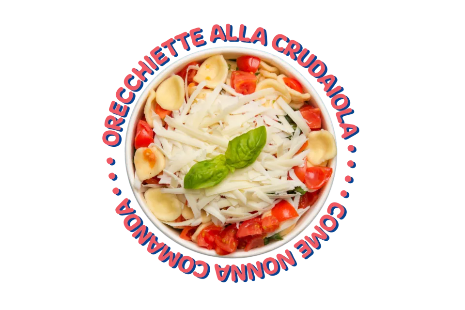 Orecchiette alla crudaiola con pomodorini, cacioricotta e basilico in una ciotola