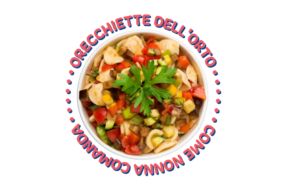 Orecchiette dell'orto con verdure a cubetti e prezzemolo in una ciotola